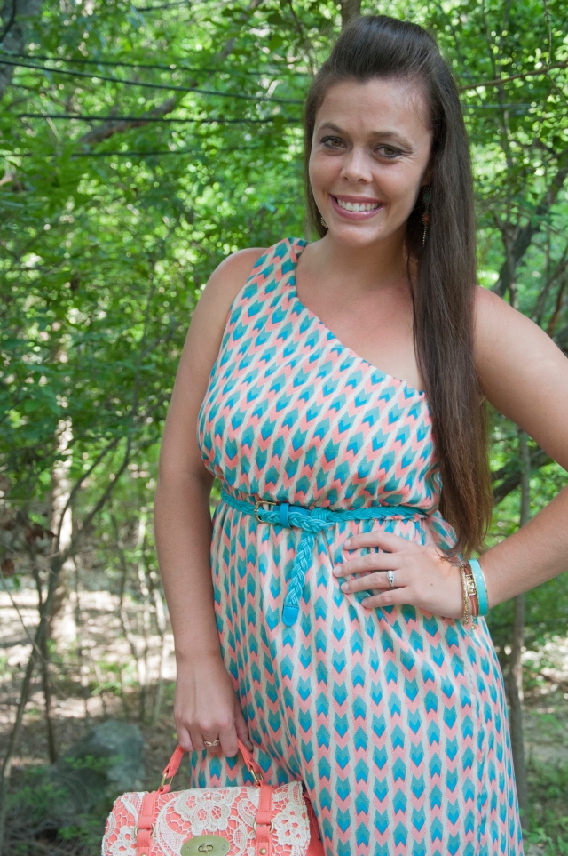 Coral and teal chevron dress