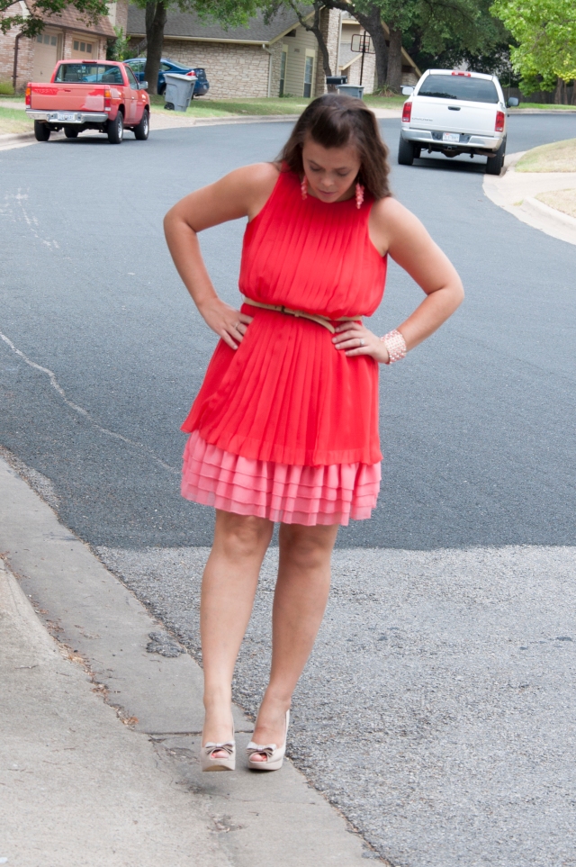 Coral Dress with nude bow pumps