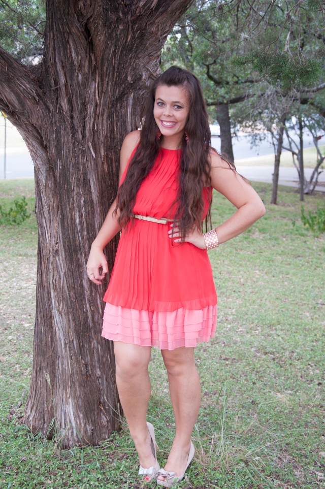 Coral Dress with nude bow pumps