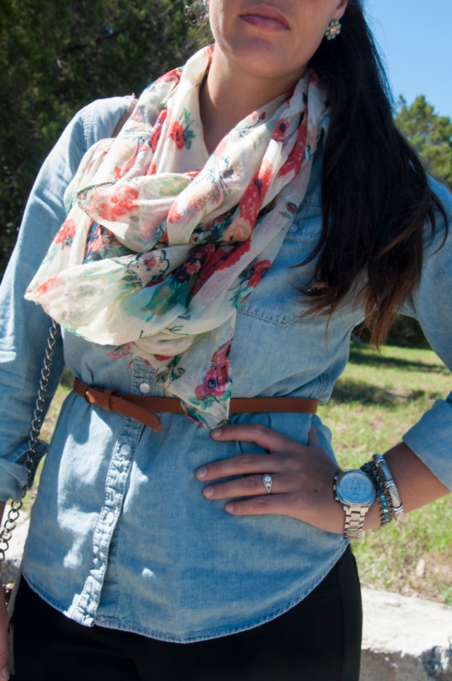 Chambray with Coral and Teal Scarf