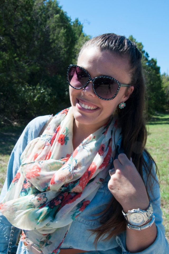Chambray with Coral and Teal Scarf