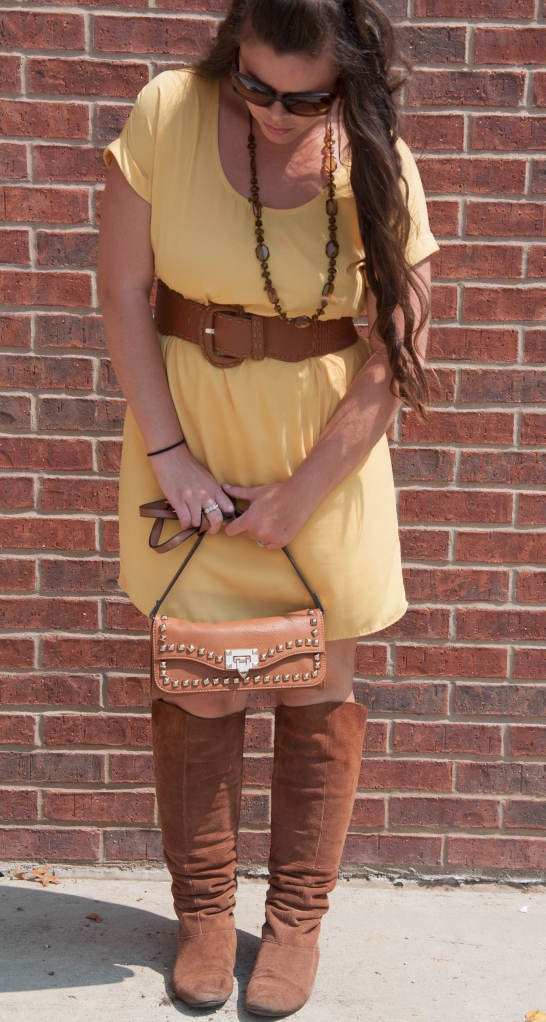 Mustard dress and brown boots