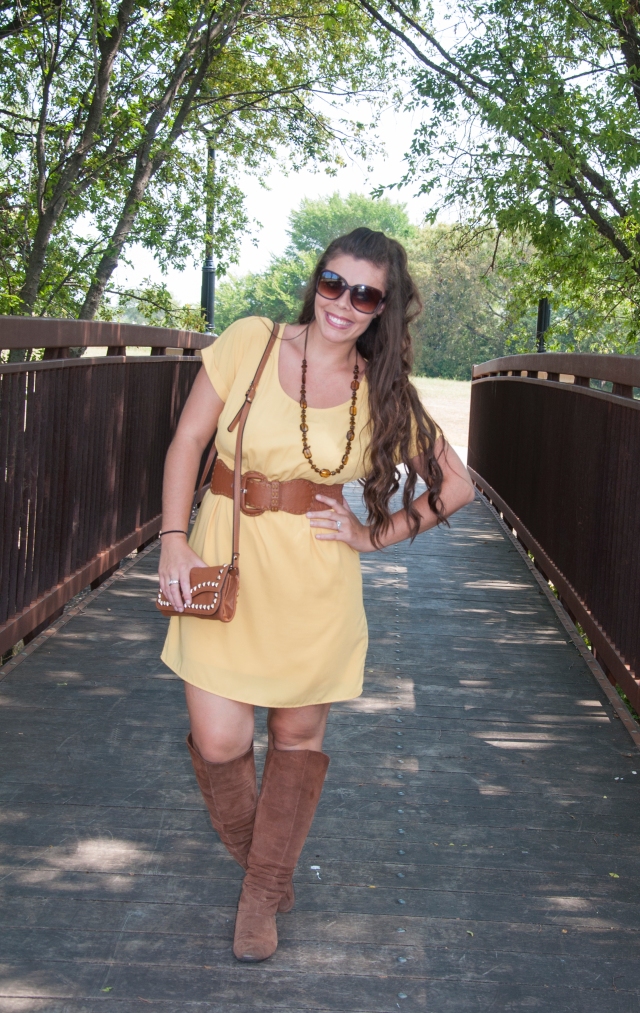 Mustard dress and brown boots
